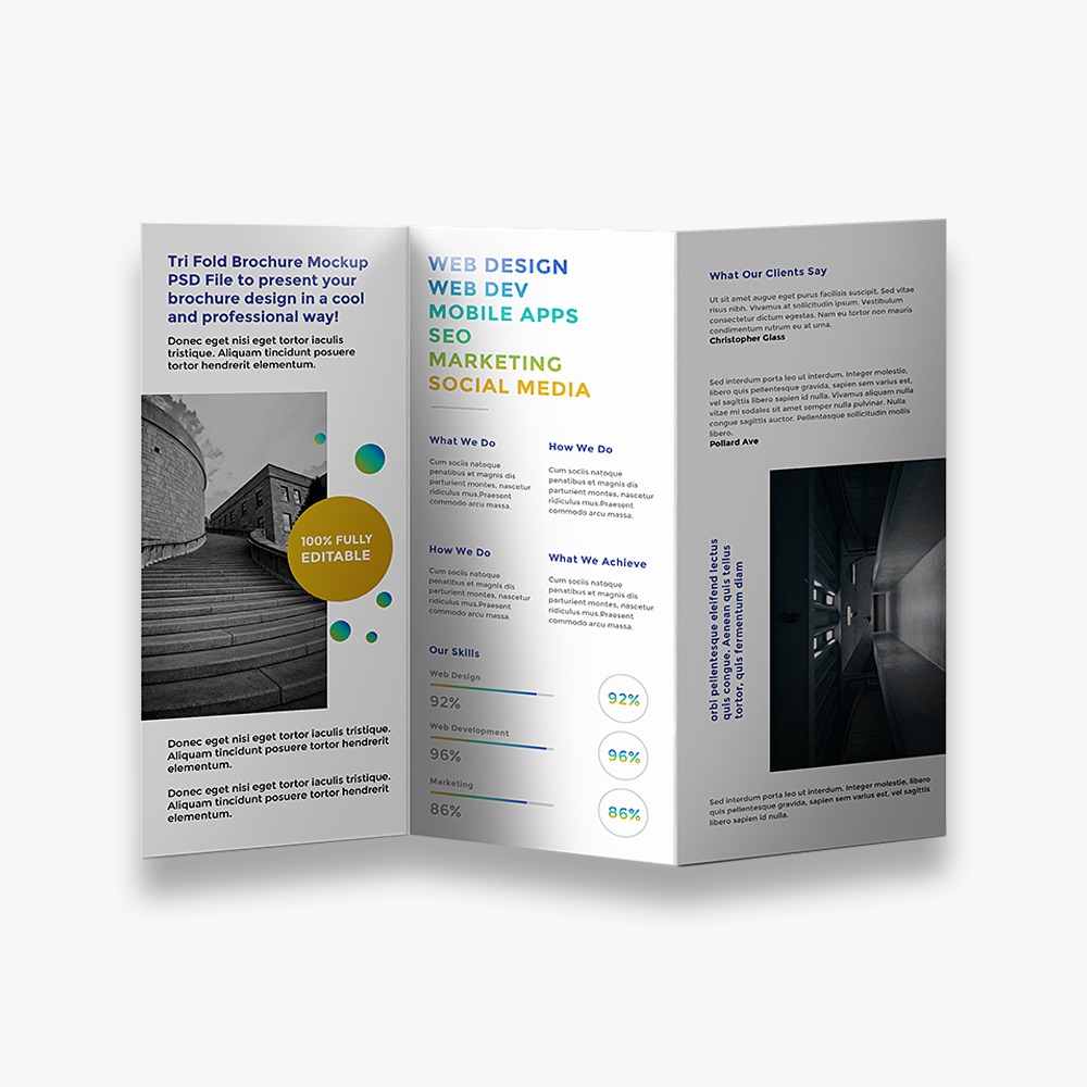 Finished full-color tri-fold brochure shown open