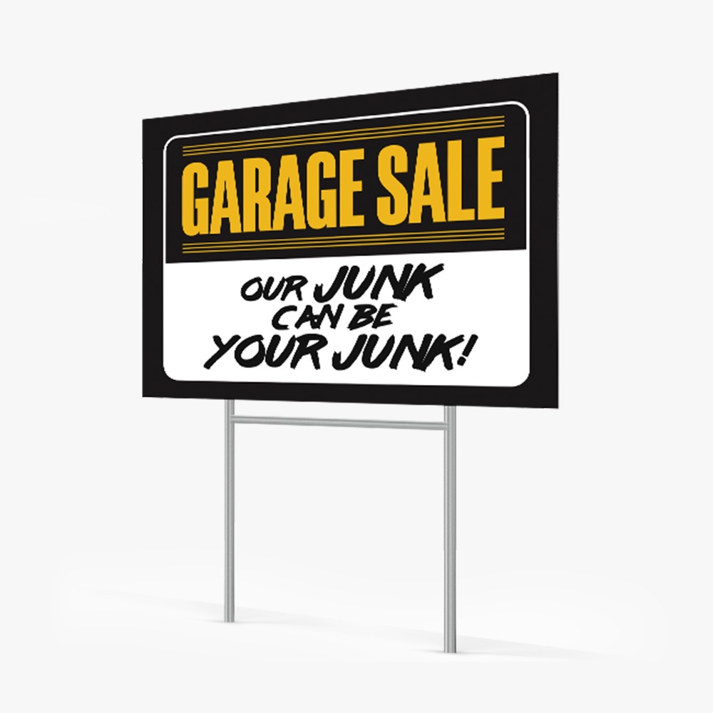 Full-color Garage Sale coroplast yard sign mounted on an H-stake